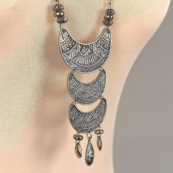 Jewelry - Boho Layered‎ Crescent Moon Pendant Necklace Bronze Tone Tassel Adjustable